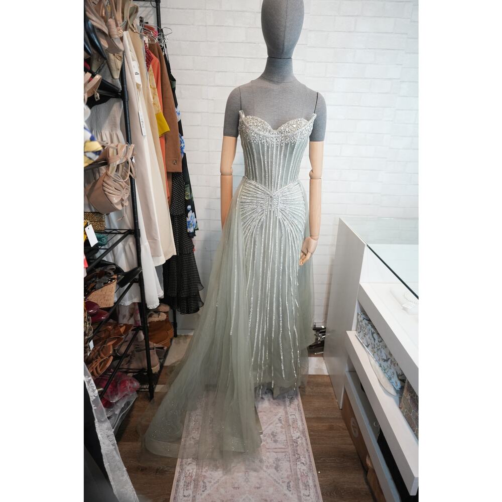 Ladivine CB158 Strapless Beaded Corset Prom Gown Formal Womens Sage Green Size 4 - Picture 5 of 8